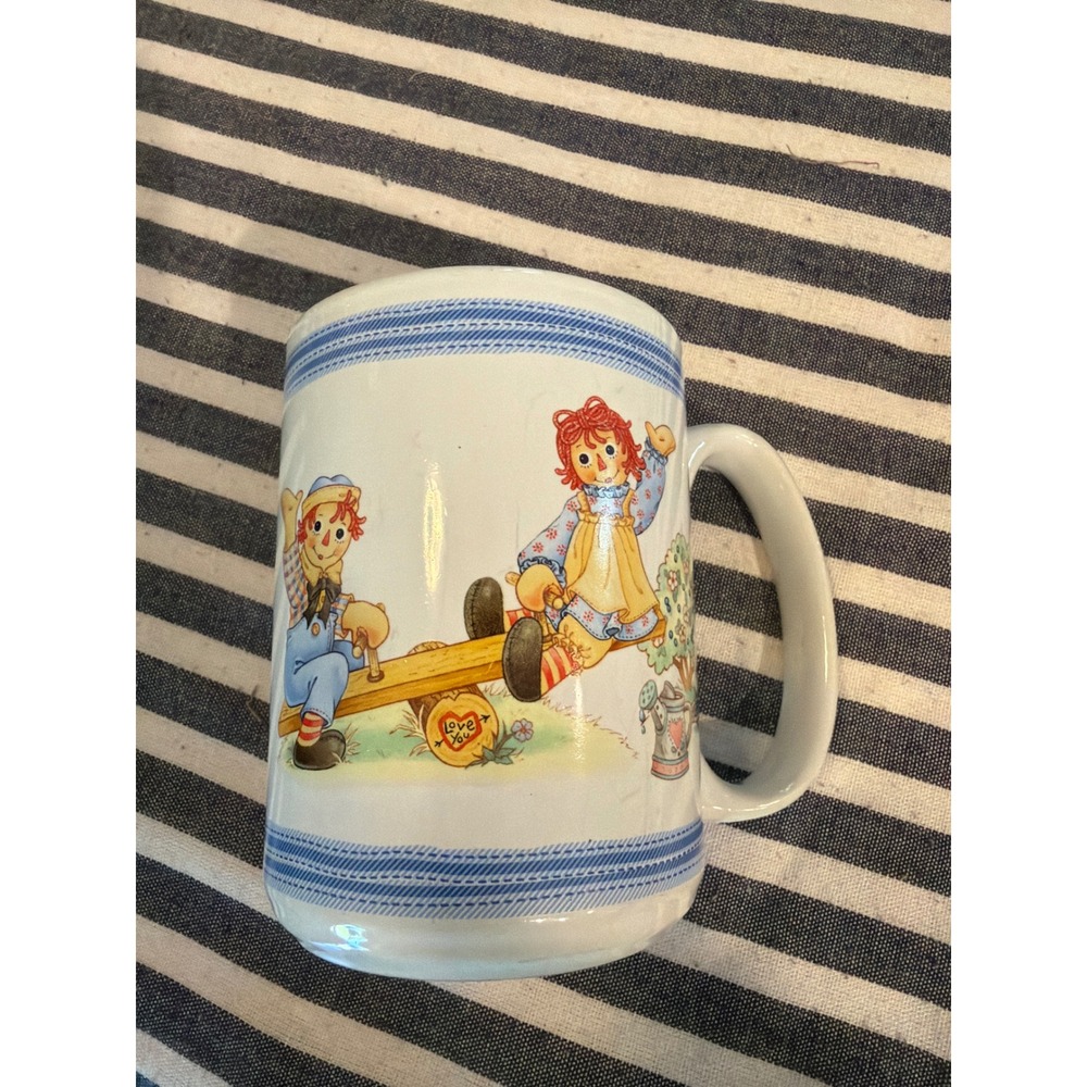 Raggedy Ann and Andy Houston Harvest Ceramic Coffee Mug Blue White Striped 31920
